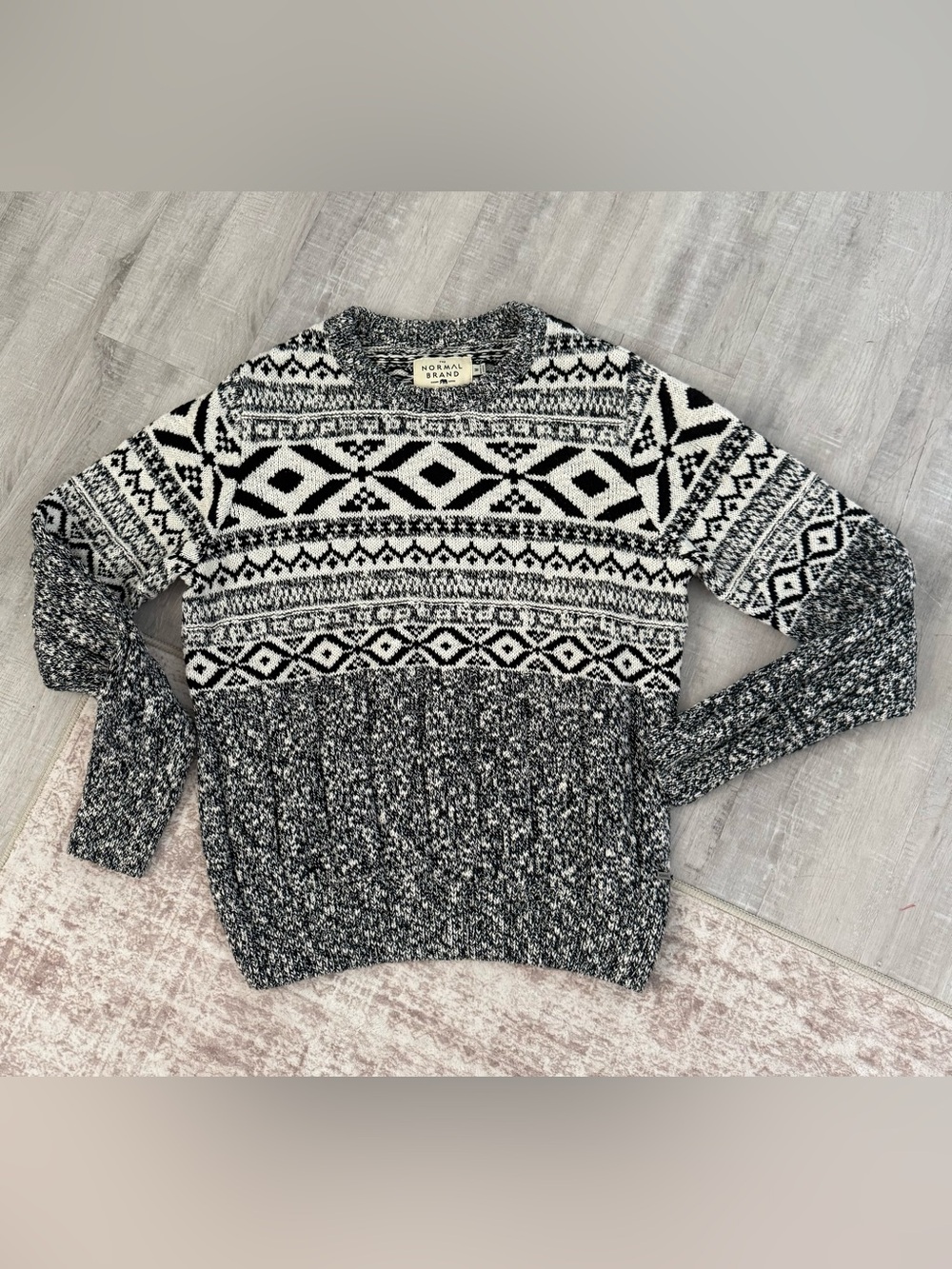 The Normal Brand Koda Jacquard Black & White Patterned Crewneck Sweater, Medium